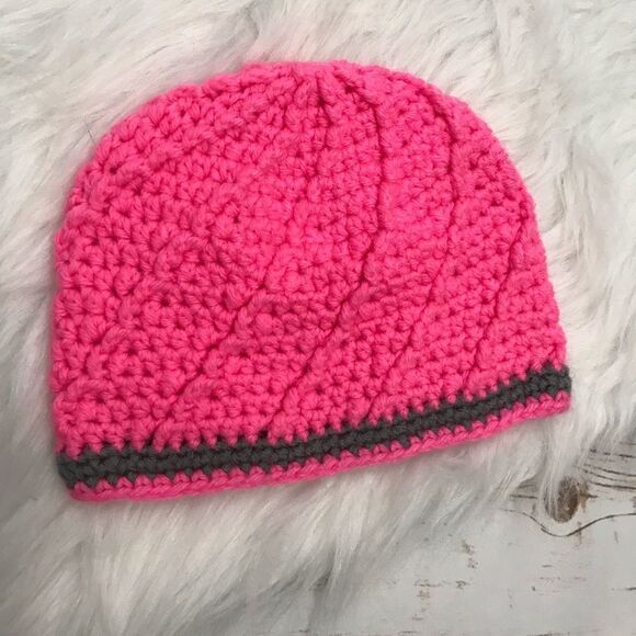 D Crochet Pink Grey Winter Hat Little Girl - Picture 4 of 7